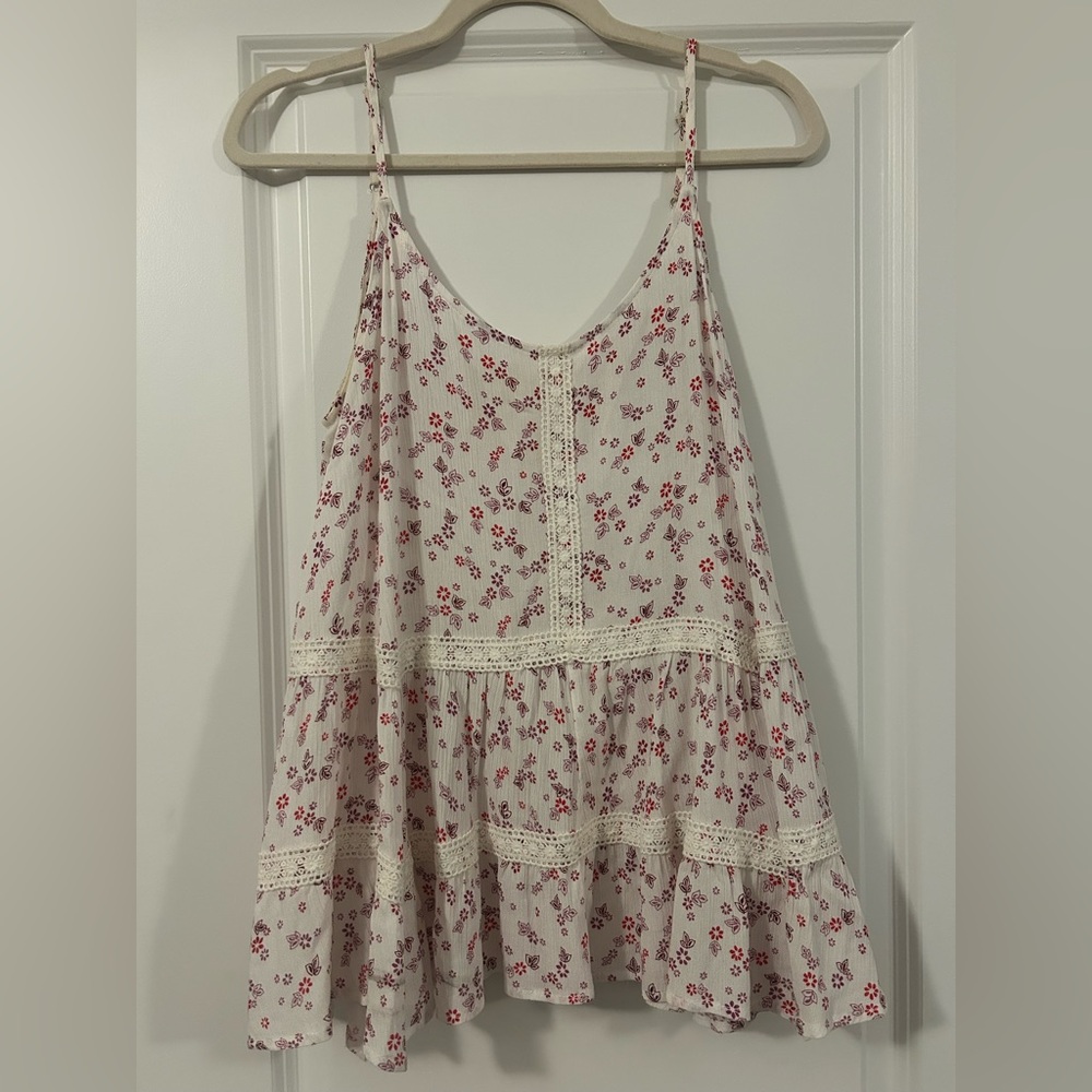 Altar'd State Cream Tank with Pink Floral Print and Lace Trim